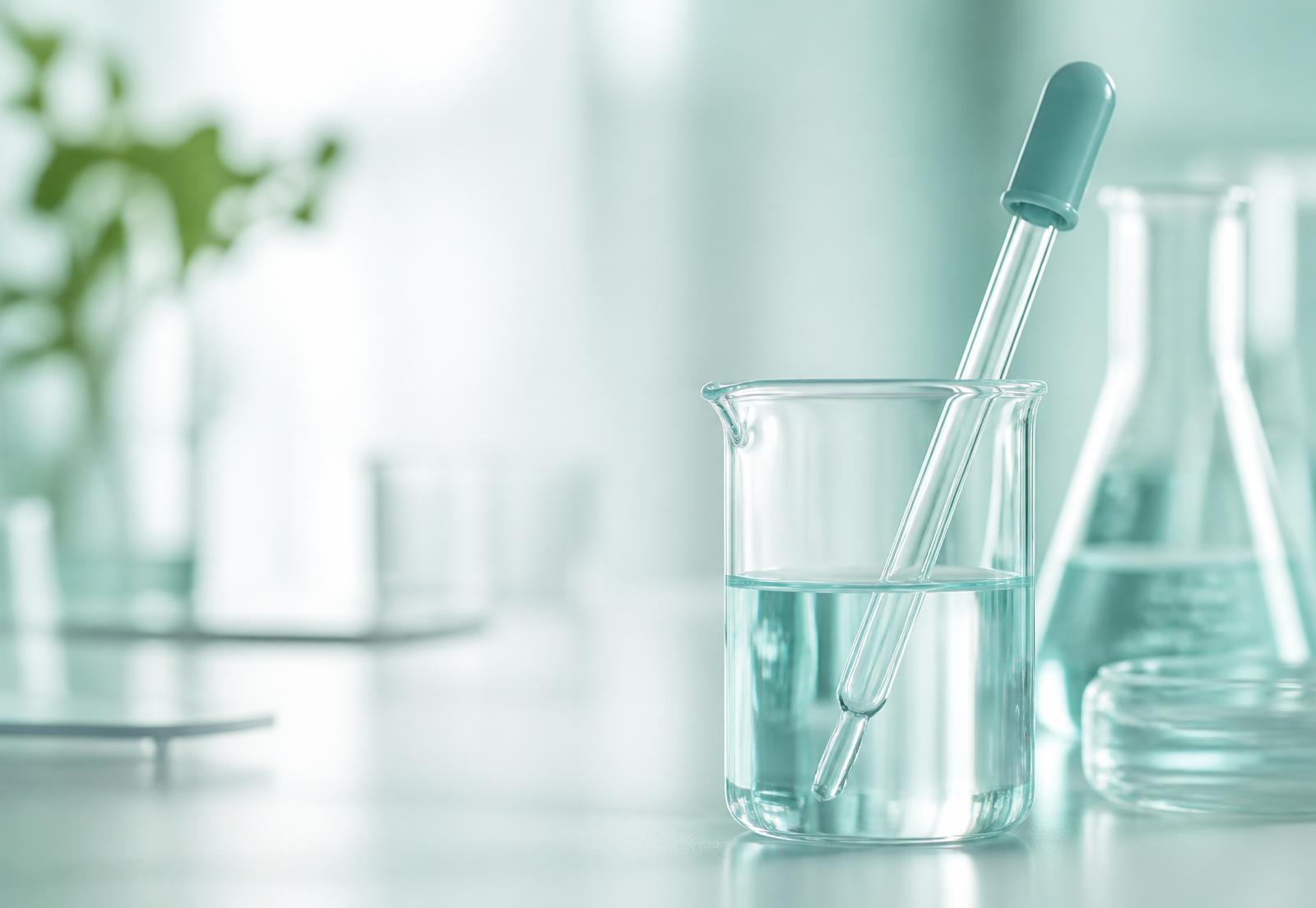 Minimalist laboratory bench with a beaker, pipette and flask